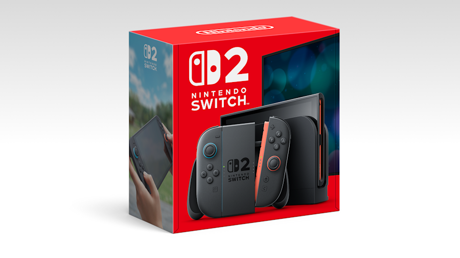 Коробка Nintendo Switch 2 с изображением консоли, док-станции и Joy-Con 2