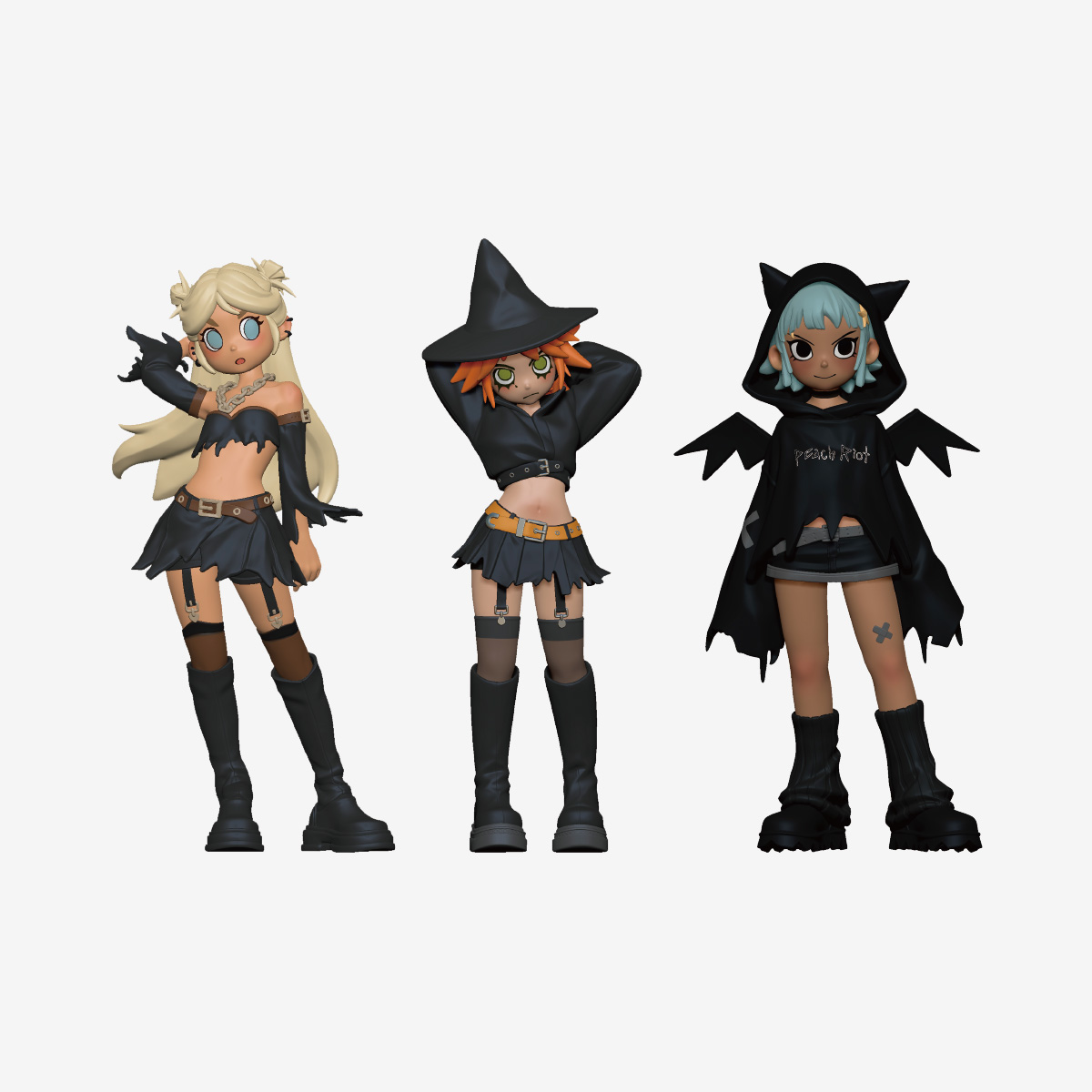 Три фигурки Peach Riot Witchy Punk: в панк-наряде, ведьминской шляпе и капюшоне с кошачьими ушками